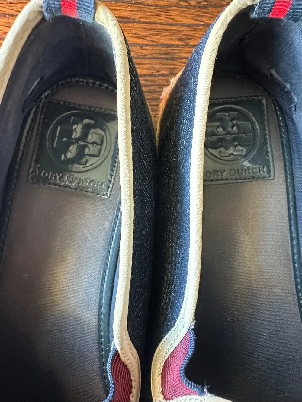 Tory Burch Navy Denim Espadrille Slip-Ons with Red Graphic
